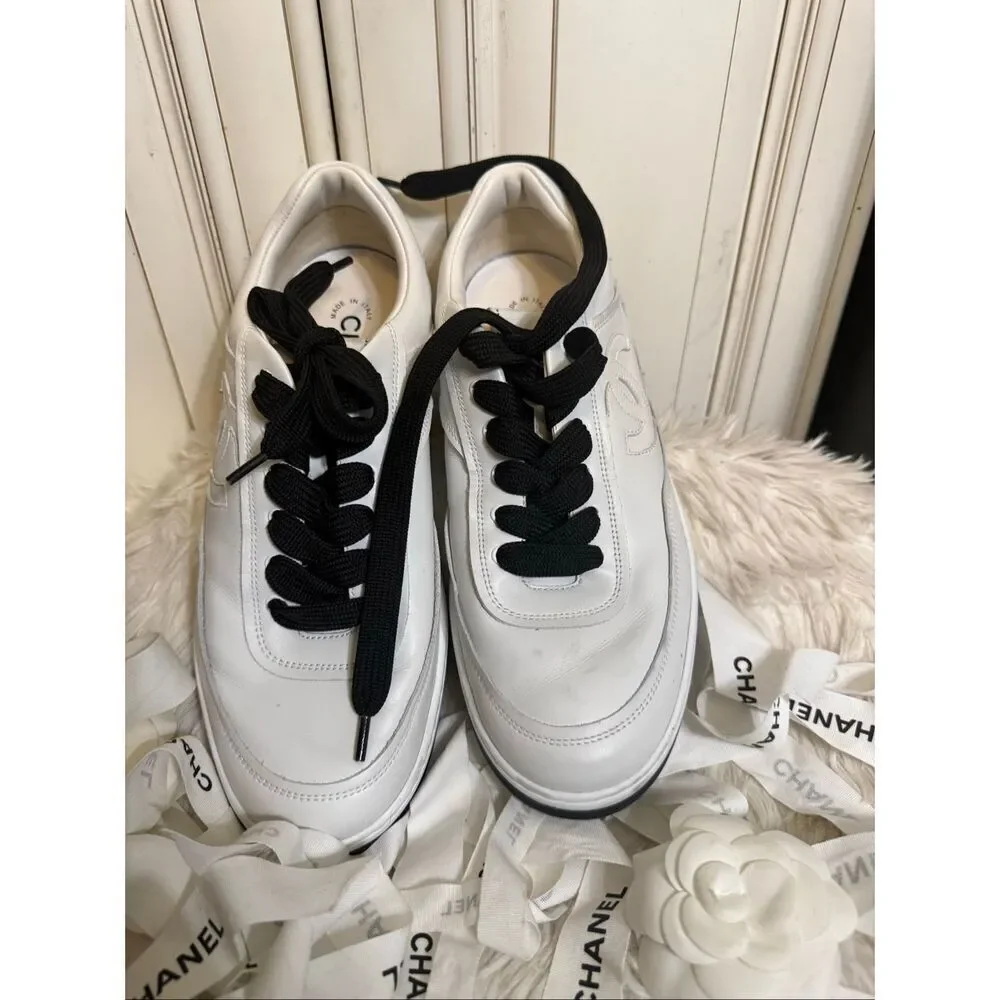 Chanel Women's Lace-Up Calfskin Low Top Sneaker Flats Shoes White 40 verified